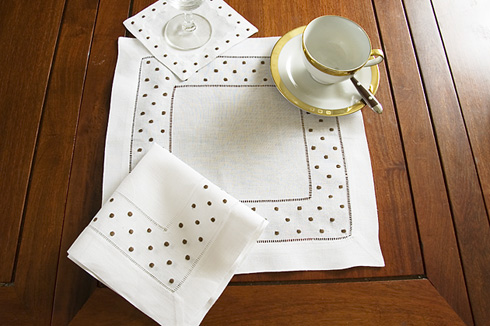 Square Linen Placemat. Chocolate Swiss Polka Dots. 14"sq. 1piece